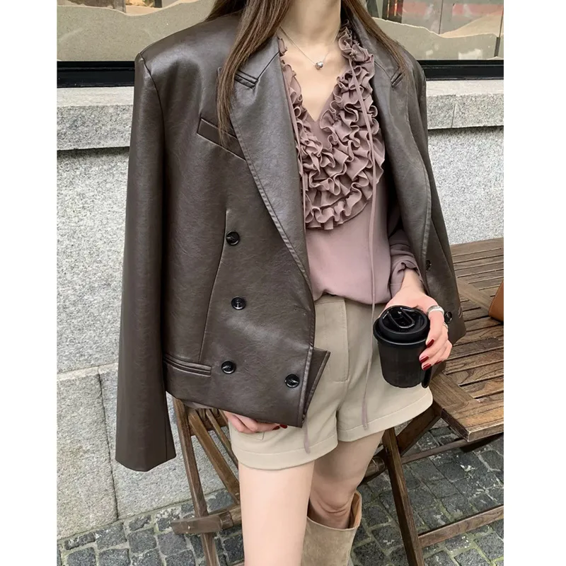 Autumn Winter New Versatile Suit Coat Women's Fashion Long Sleeve Double breasted Artificial Leather PU Leather Short Jacket