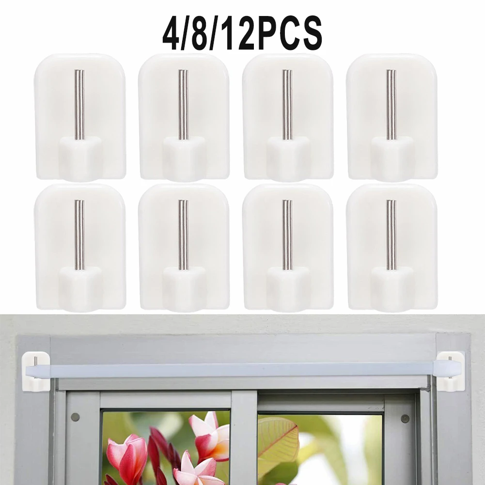 4/8/12Pcs Curtain Hooks Self-adhesive Hooks Curtain Rod Hook Bracket Small Curtain Rod Brackets For Window Bath Door Wall Hanger