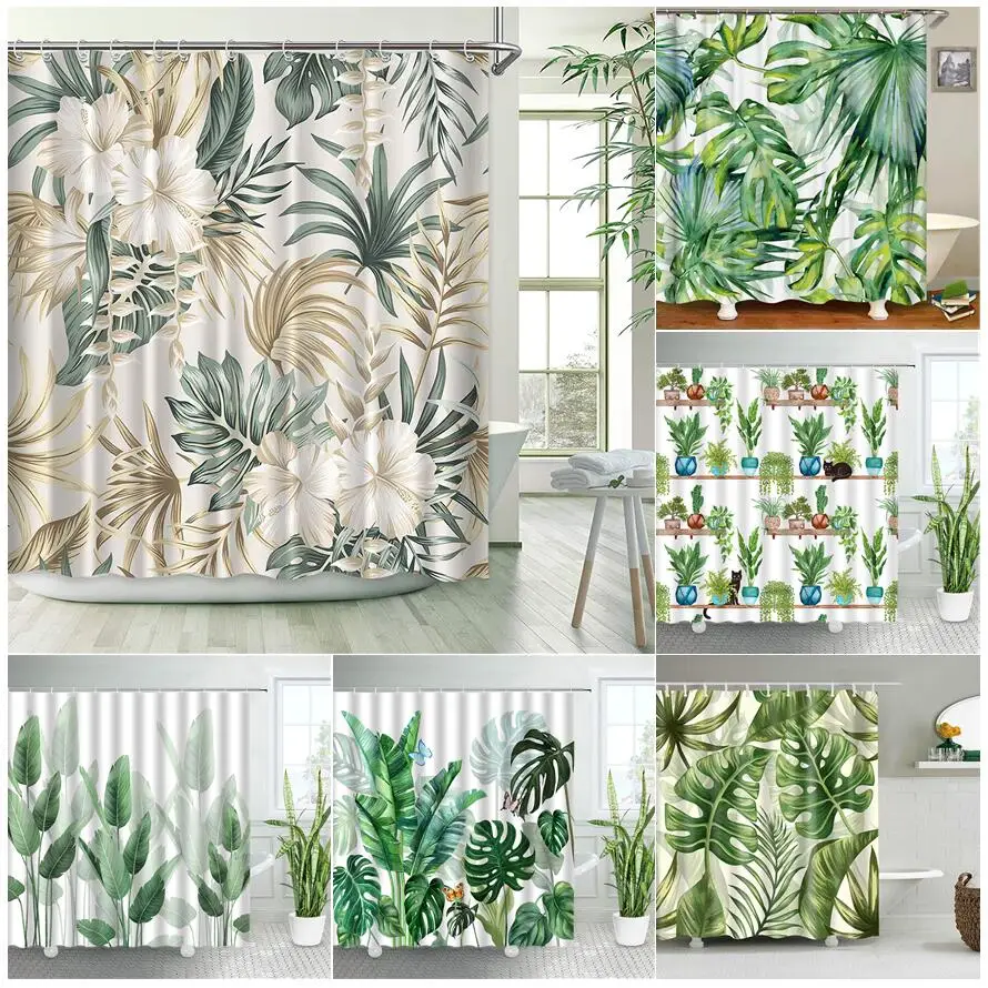 Tropical Plants Floral Shower Curtains Beige Green Palm Leaves Flowers Nordic Decor Bathroom Polyester Fabric Bath Curtain Sets