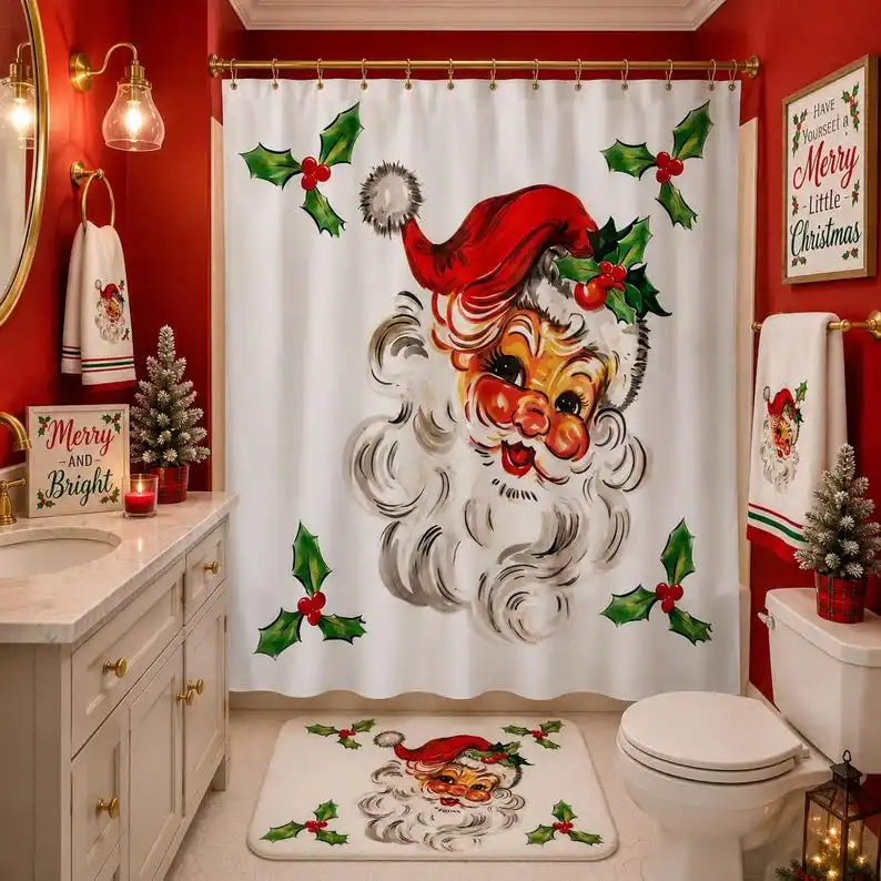 Vintage Santa Shower Curtain, Retro Christmas Bathroom Decor, Holly Berry Holiday Shower Curtain, Nostalgic Santa Claus Bath Decor