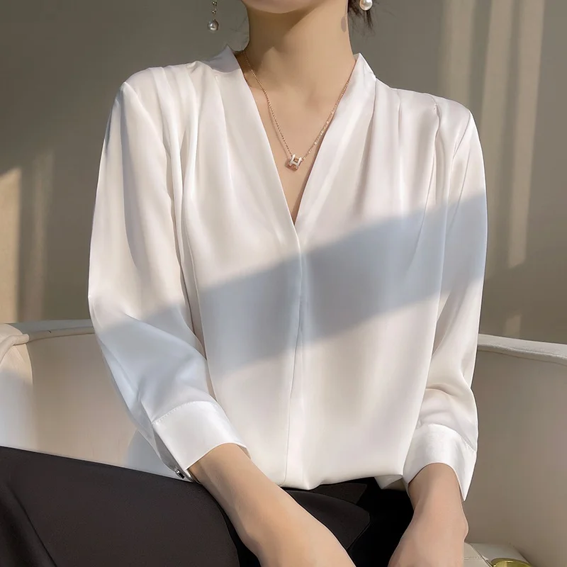 Elegant V-neck Slik Satin Blouse Women Summer Shirt Long Sleeve Casual Office Women Tops Solid Loose White Shirts Blusas 25586