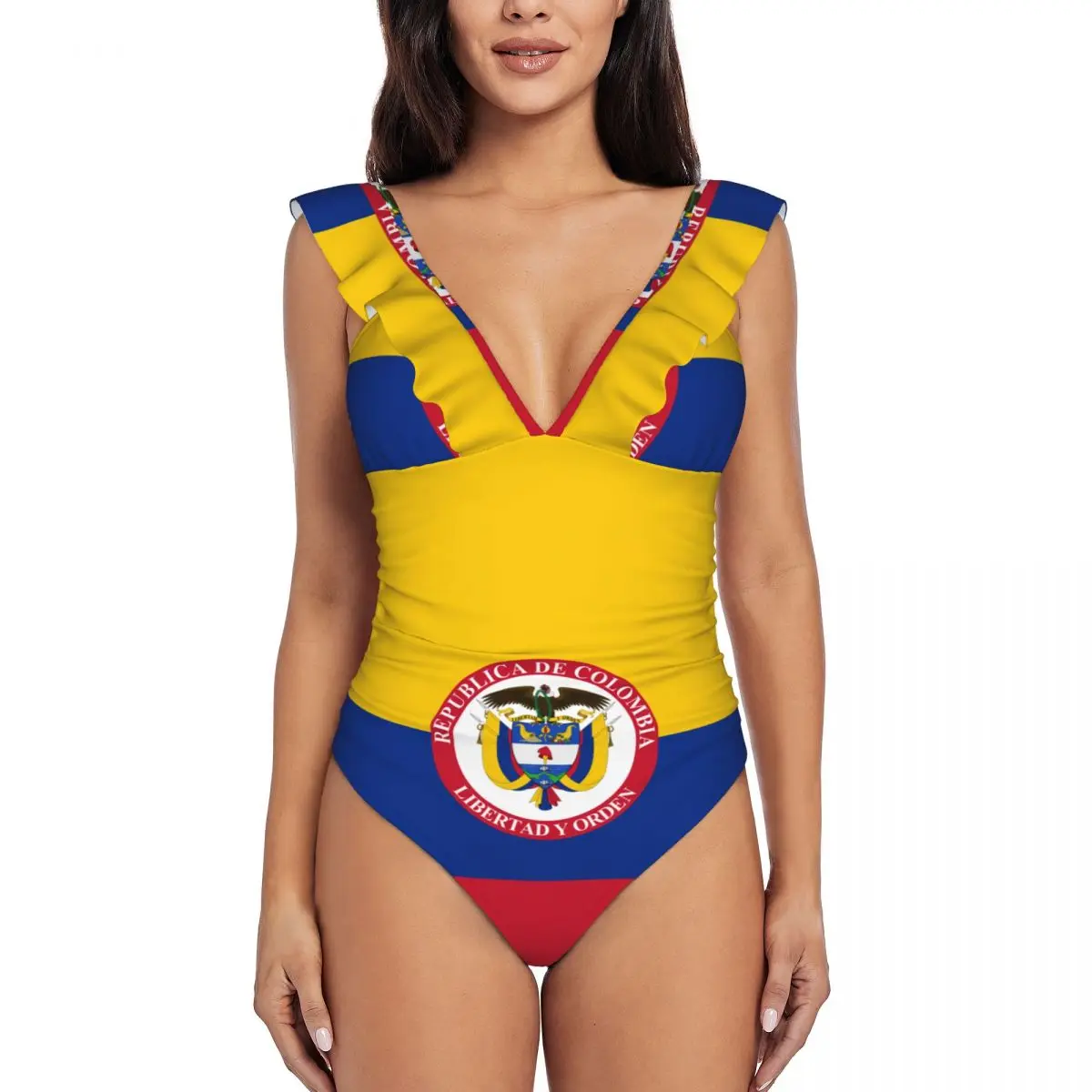 Swimwear Women One Piece Swimsuit The President Colombia Flag Female Swimming Bikinis Push Up Monokini Sexy Ruffle Bathing Suit