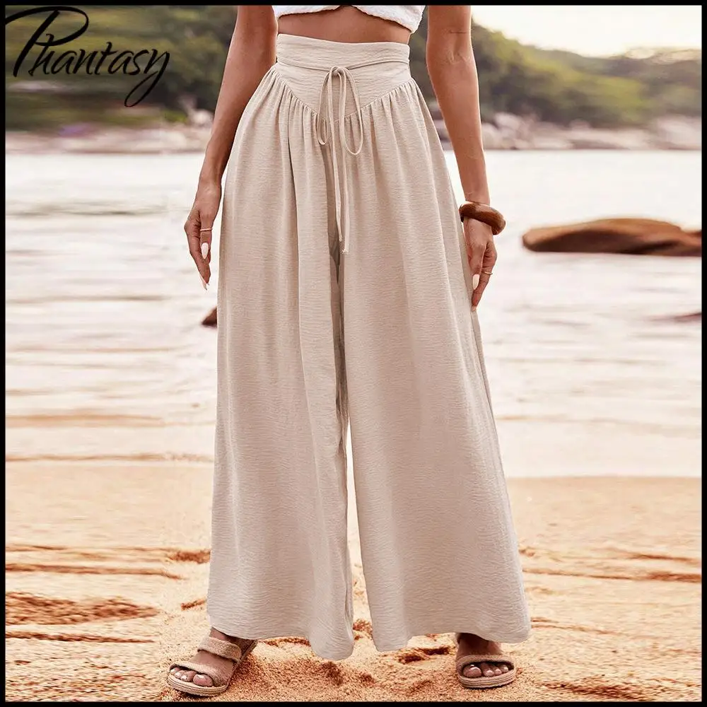 Elegant Wide-Leg Solid Pants Casual Resort Wear High-Waisted Elastic Waist Women's Long Pants Summer Commuter Lady Dress Up