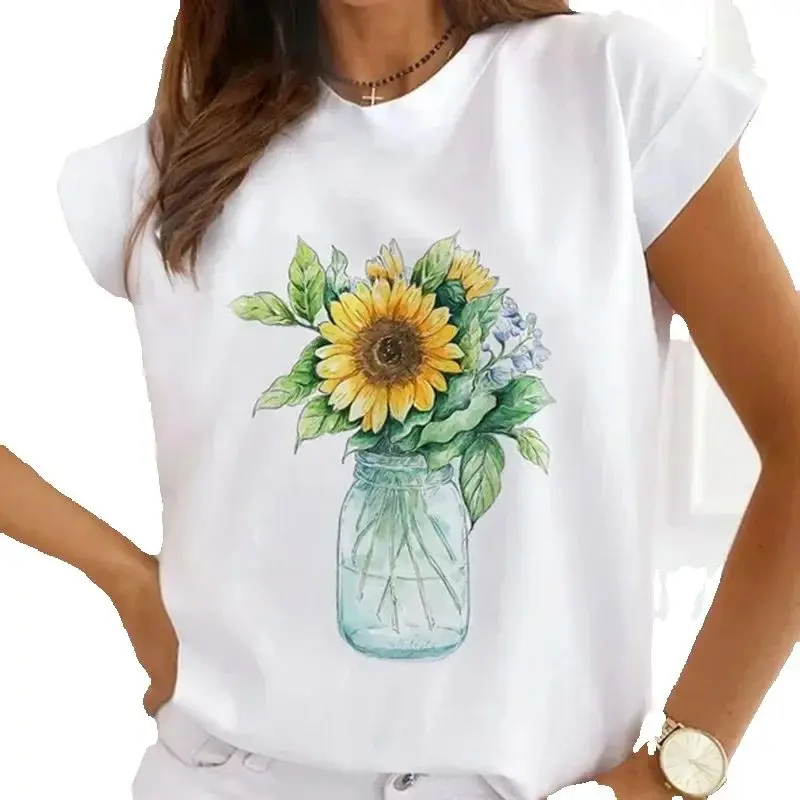 

New Summer Print Women's Round Neck T-shirt Women's Loose Short Sleeves Round Neck Tops Base Women Clothing polyester fabric