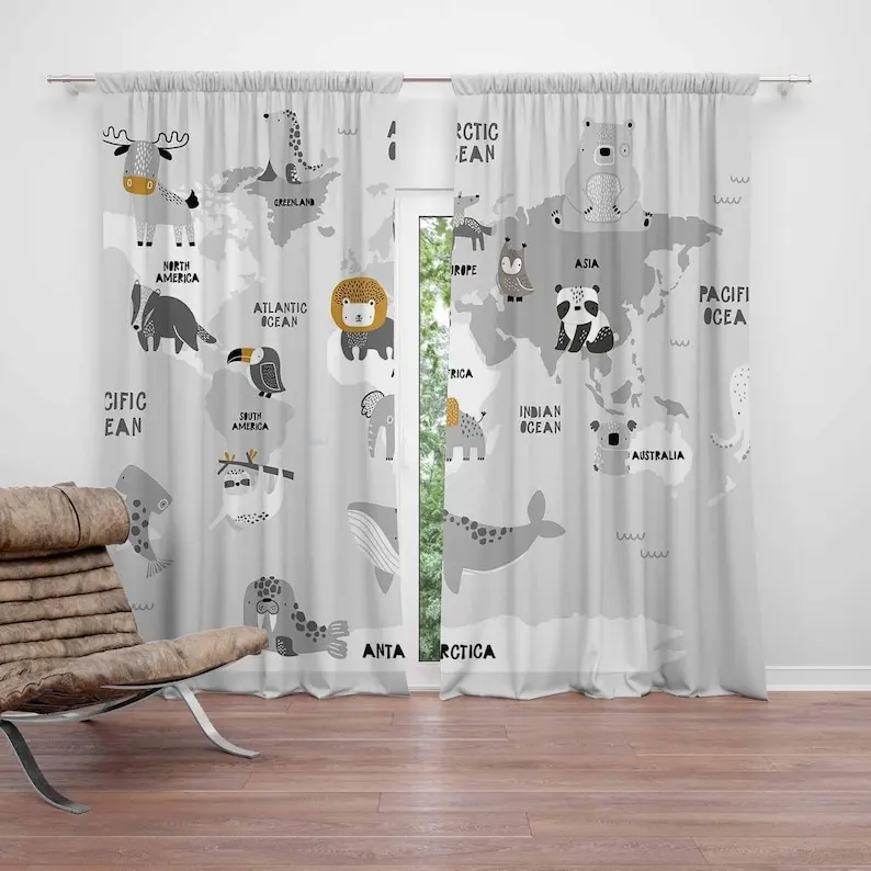 

World Map Nursery Curtains Safari Animals Kids Bedroom Curtain Blackout Nursery Decor Baby Room Curtains Living Room Curtains