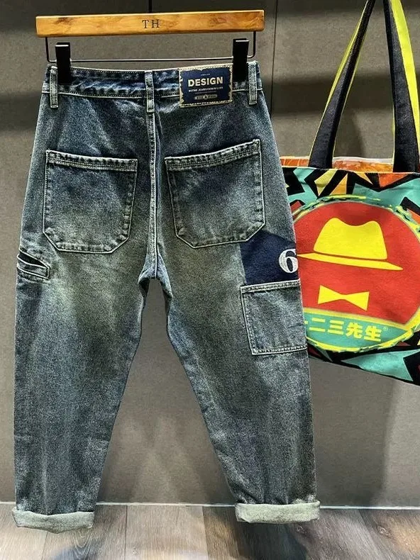 

2025 New High Street American Sle Men's Loose Straight Leg Jeans Multi ket Workwear Denim Pants Youth Casual Wear