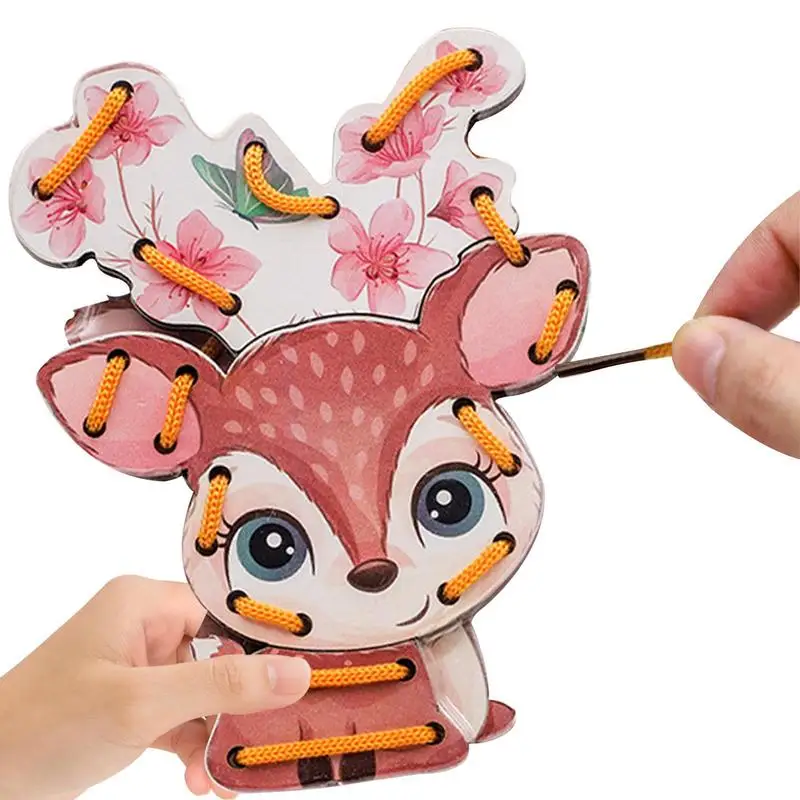 Kids Lacing Cards Animal Cardboard Sewing Cards Lacing Toy Dog Deer Panda Bee Educational Preschool Threading Toys Montessori