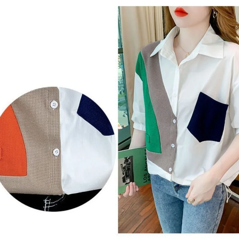 Women\'s Spring Autumnturn-down Collar Button Solid Patchwork Pockets Long Sleeve Cardigan Shirt Coats Casual Elegant Tops