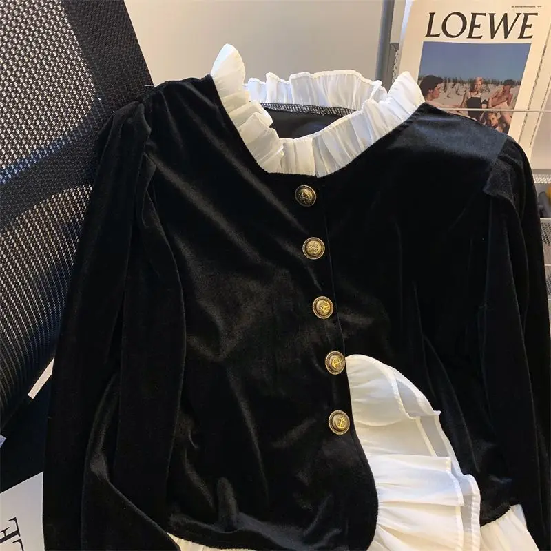 

Velvet Long-sleeved Blouse Fashion Wear with Temperament Female Shirt Top Autumn Women's Clothing TT679