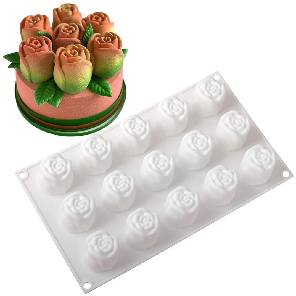 Valentine's Day 15-Cell Rose Bud Design French Mousse Silicone Mold Chocolate Dessert Tools Food Grade Silicone Cake Mould