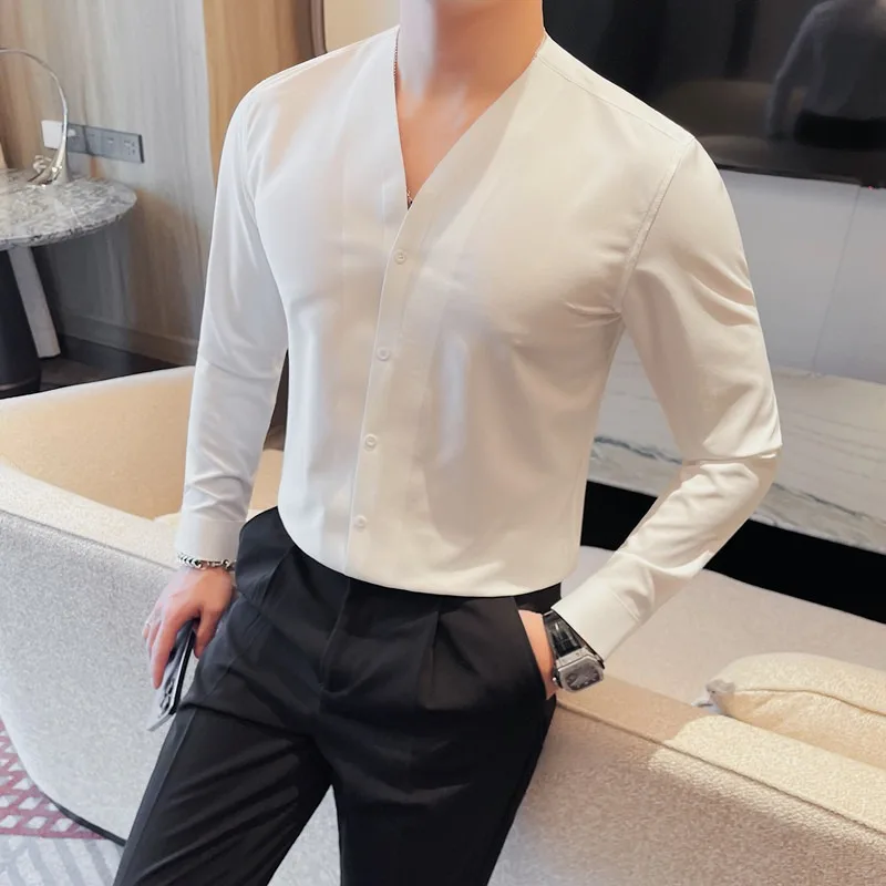 

Solid Color Scarless Elastic Shirt Men Fashion V-neck Slim Casual Business Dress Shirts Social Party Tuxedo Blouse Men Clothing