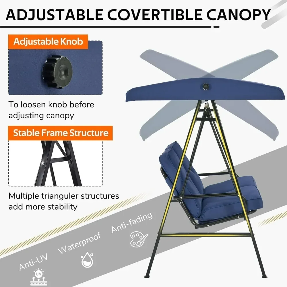 2-Seat Outdoor Patio Swing Chair with Adjustable Canopy, Porch Swings Chairs, Outside Swing Bench with Removable Cushion, Swings
