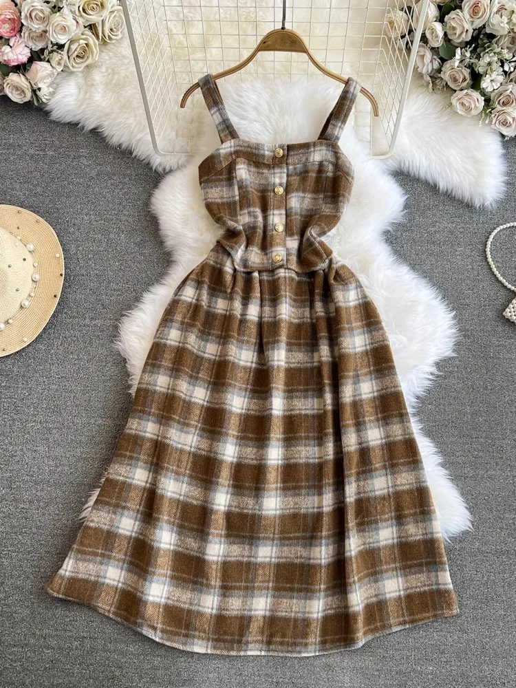 New Fashion Plaid Woolen Dress Women Autumn Winter Spaghetti Strap Dress Streetwear Sleeveless Long Sundress