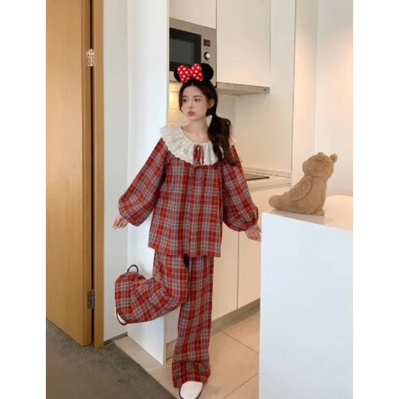 2026 New Doll Collar Red Checkered Pajama Set Students Falbala Homewear Women Spring Autumn Sleepwear Loose Lattice Loungewear