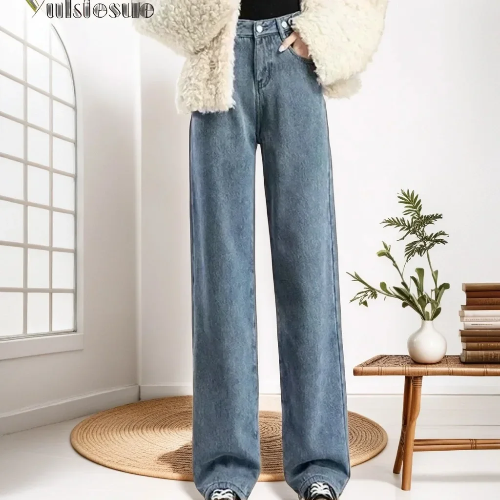 

Зимние теплые джинсы женские корейские свободные толстые бархатные широкие джинсы с высокой талией брюки Y2k повседневные прямые флисовые джинсовые брюки