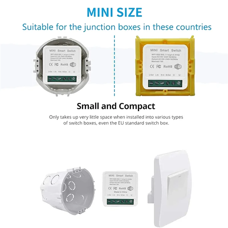 Mini interruttore relè WiFi intelligente, modulo interruttore luce Timer fai da te Smart Life/applicazione Tuya, telecomando Wireless