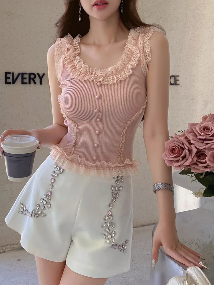 DABUWAWA Tienda Vestidos Elegantes Para Mujeres Lace Knitted Sweater Women’s Vest Sleeveless Screw Thread Slim Y2k Top DA1BVS003