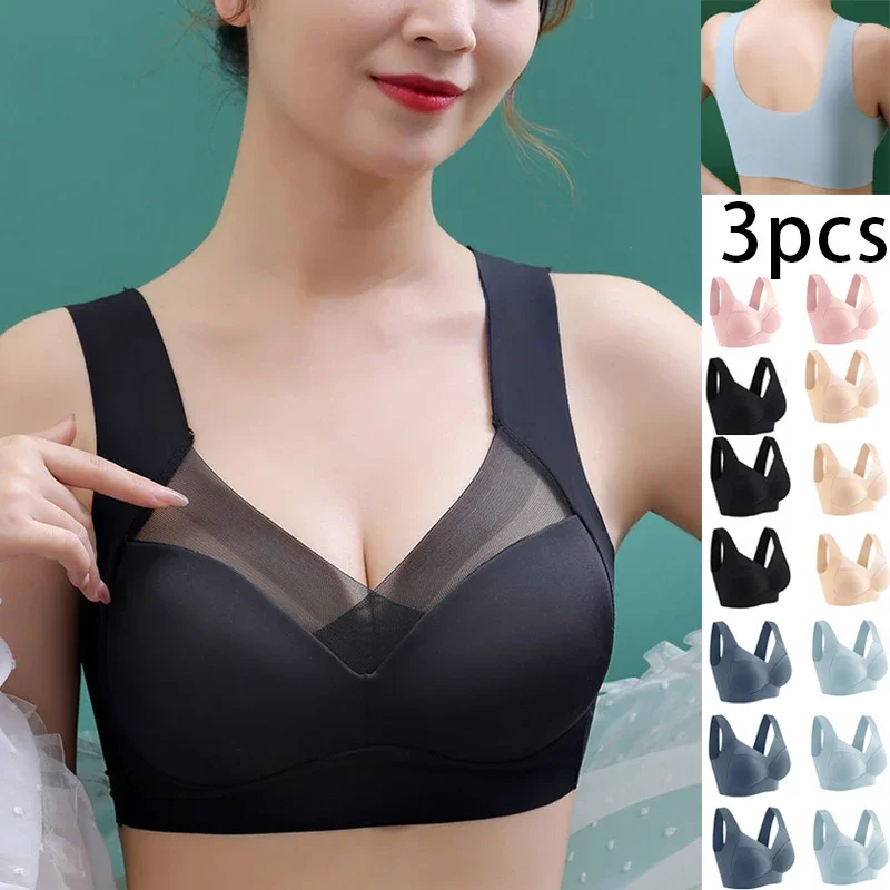 3pcs Ice Silk Seamless Sport Bra Gather Prevent Sagging Underwear No Steel Ring Comfortable Large Size Bra Sexy Vest Bralette