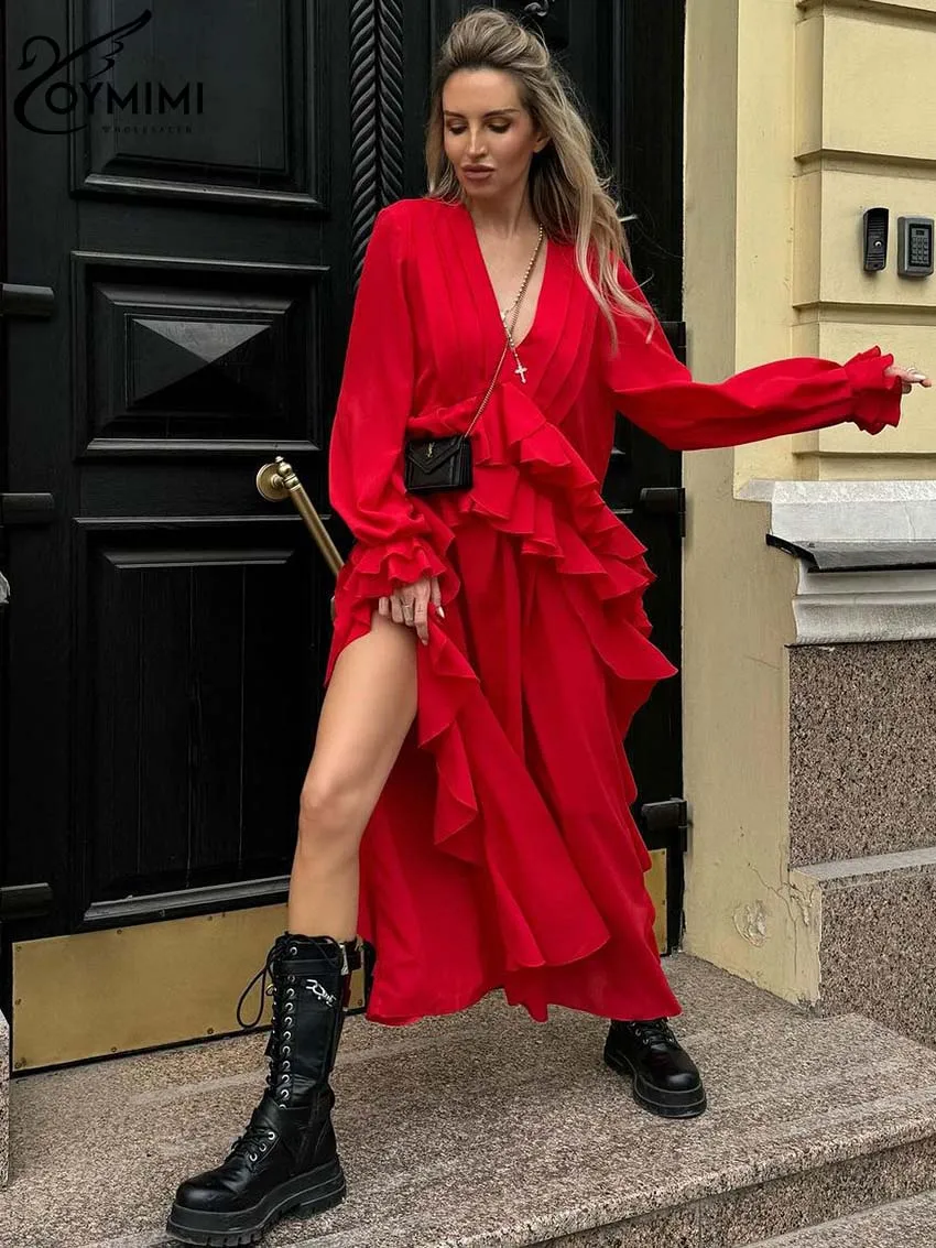 Oymimi Fashion czerwona luźna sukienka damska elegancka, marszczona dekolt w serek sukienki z długim rękawem Casual rozcięcia po bokach sukienka do kostek Streetwear