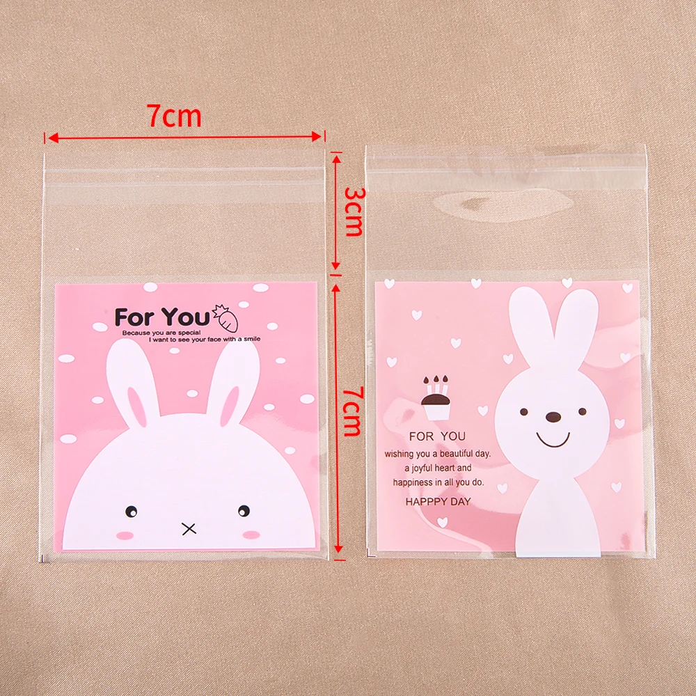 50Pcs 7x 3+7 cm Pink Rabbit Plastic Clear Gift Pouch Self Adhesive Biscuits Candy Jewelry Gift Packaging Plastic Bag