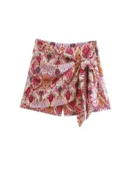 Women Fashion With Knotted Totem Print Shorts Skirts Vintage High Waist Side Zipper Female Skirts Mujer