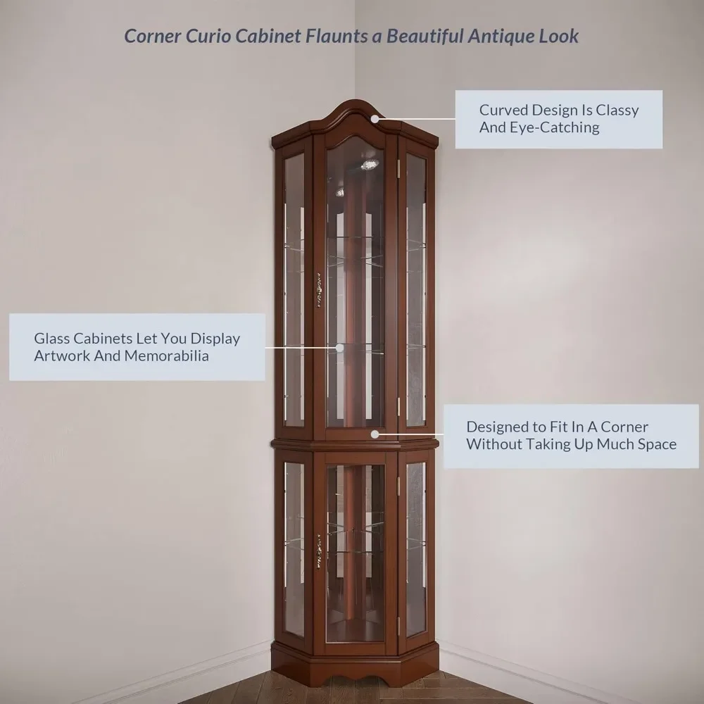 Beleuchtetes Eckdisplay, Curio-Schrank mit gebogener Oberseite, Regal aus Holz mit Tür aus gehärtetem Glas, Bar und Schnapslagerbereich