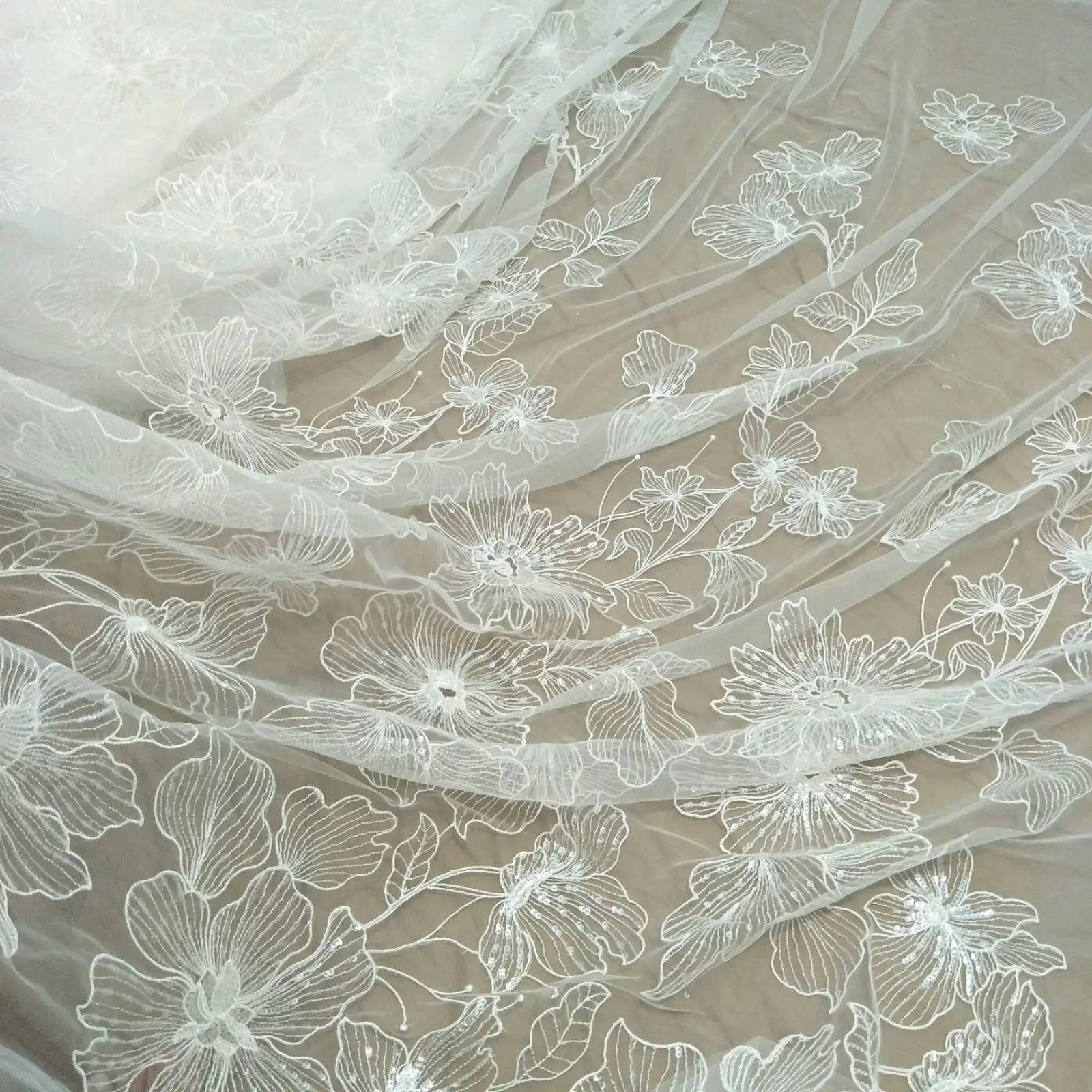 fashion big flower wedding gown dress lace fabric 130cm width ivory sequins lace sell by yard