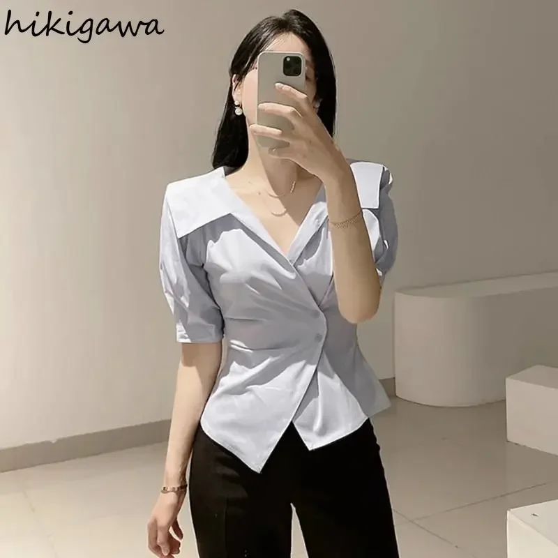 Korean Chic Blouse Women 2023 Blusas Mujer De Moda Slim Waist Irregular Vintage Shirts Summer Slim Fit White Crop Tops 27p600