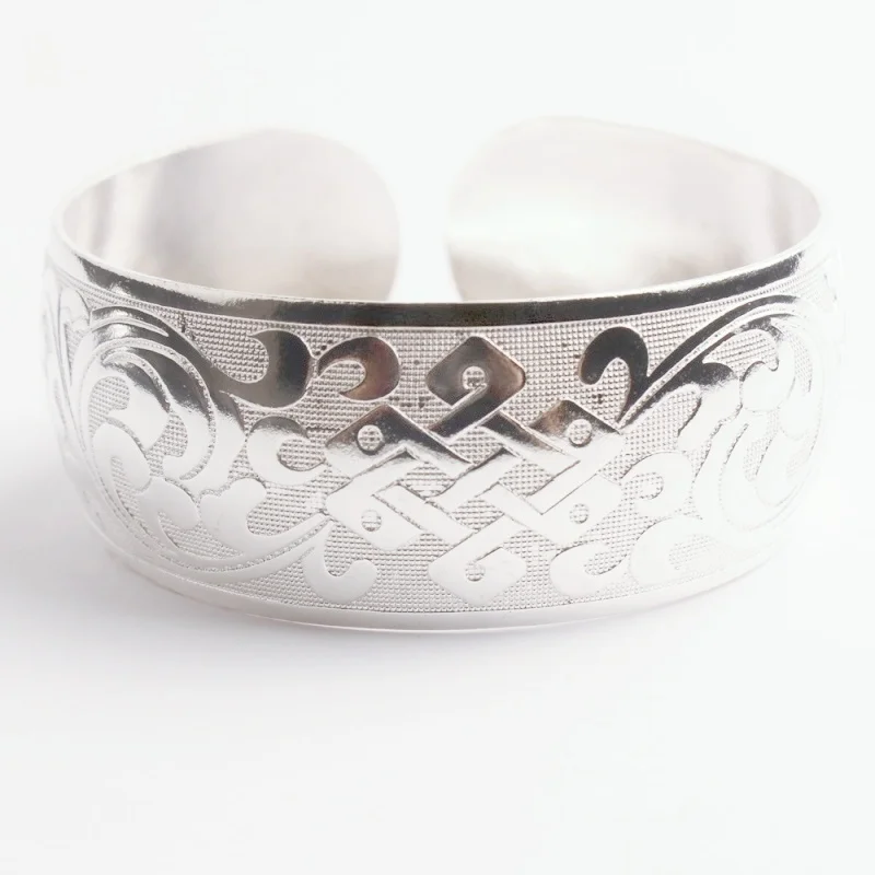 Modisches, silberfarbenes Tibet-Armreif-Armband für Damen, Boho-Ethno-Stil, Metall, geschnitzte Blumen, Zigeuner-, Stammes-, afghanischer und indischer Schmuck. – Detail 7