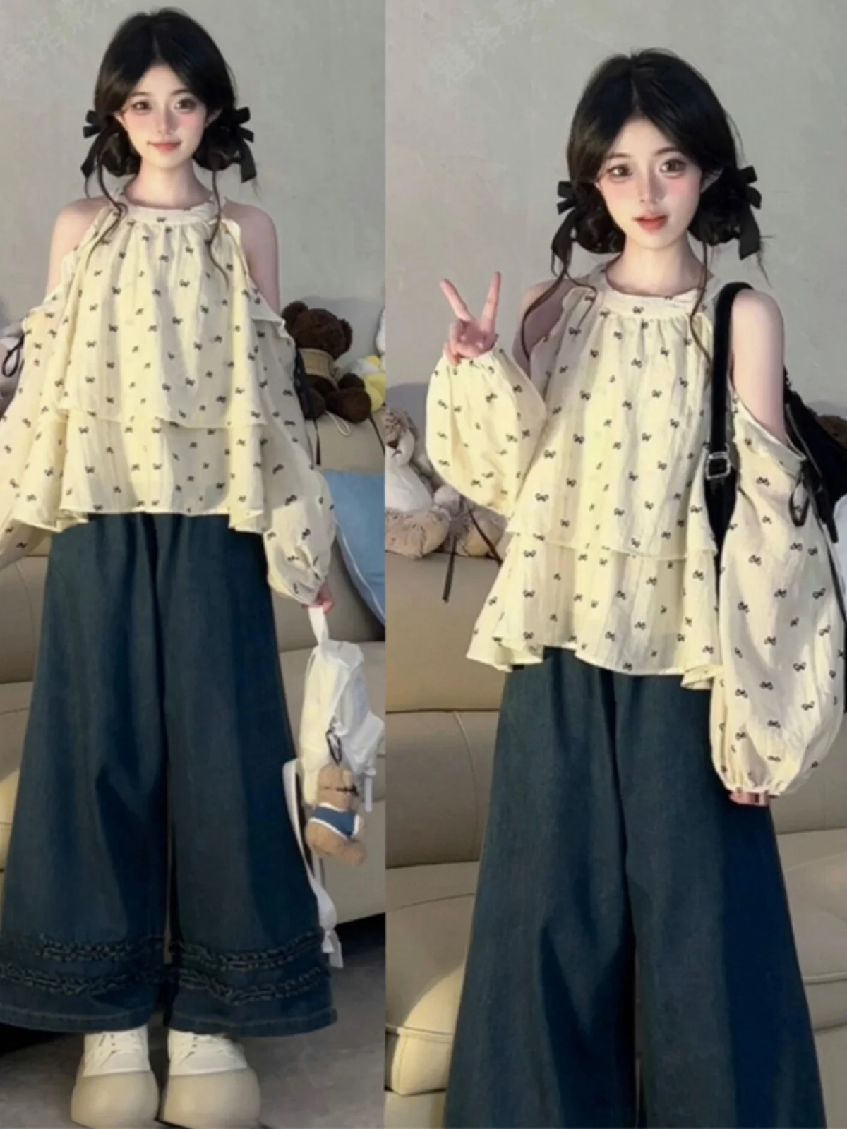

Knot Print off Shoulder Hanging Neck Shirt French Style Loose Fashionable Beautiful Small Top Trendy Women's Blouse