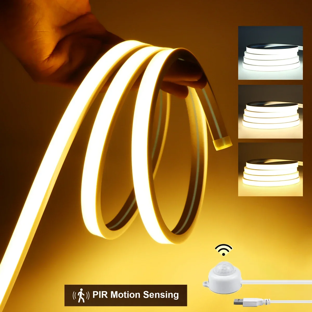 PIR Motion Sensor COB Neon LED Strip Light USB 5V IP65 Waterproof Adjustable Delay Time 3 Color Option for Stairs Closet Bedroom