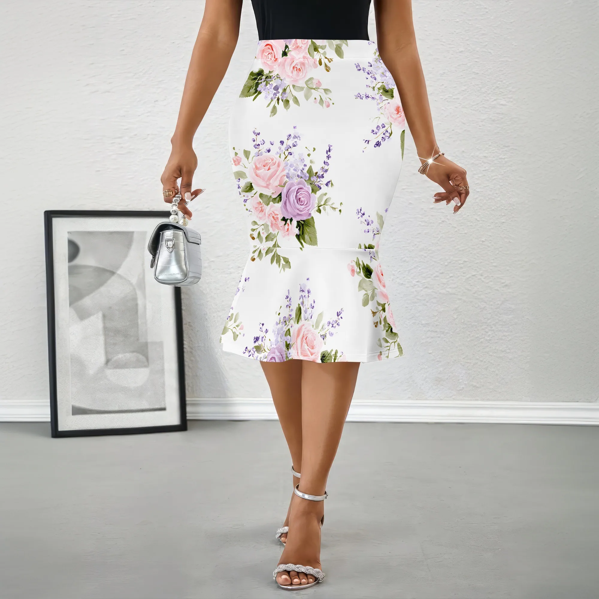 Floral Mermaid Skirt, Rose Print Midi Skirt, Ruffle Hem Pencil Skirt, Elegant Bodycon Skirt for Women Party Date Night, S-2XL