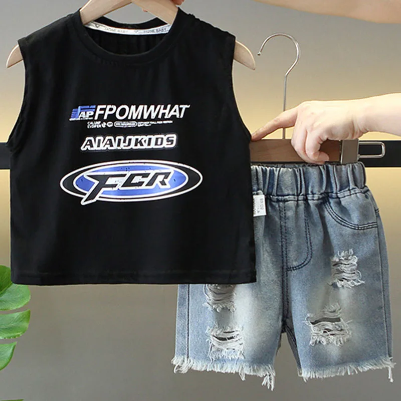 

2Piece Summer Toddler Boy Clothing Korean Fashion Letter Sleeveless Black Baby Tops+Denim Hole Shorts Kids Boutique Clothes B010
