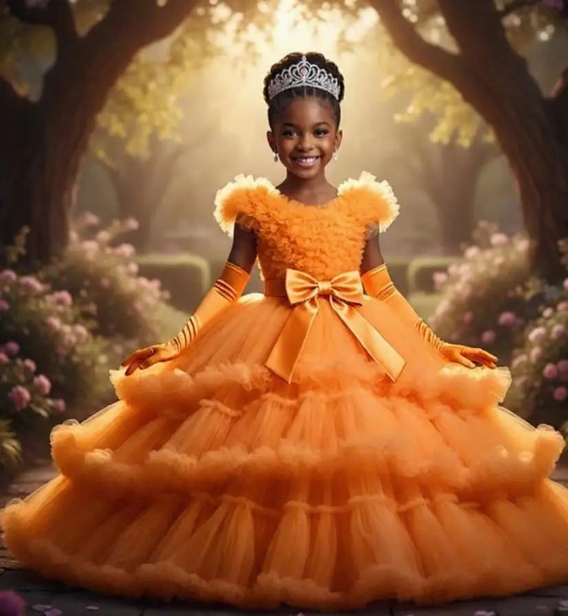 

Индивидуальный пошив: Нарядное платье для девочки с оранжевыми цветами, многослойное, пышное, из фатина, с бантом. Милое платье принцессы для дня рождения, первого причастия.