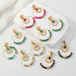 Ins Retro Stainless Steel Gold-plated Inlaid Natural Stone Earrings Fashionable Sun Pendant Creative Design Ear Accessories