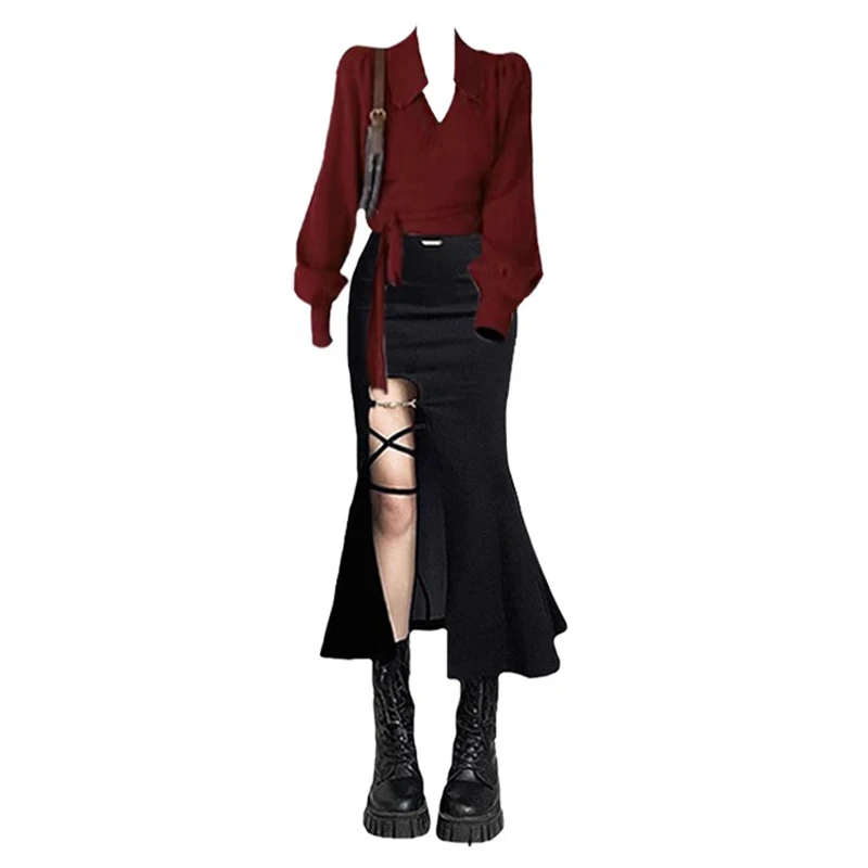 Faionable Knitted Sweater And Fi Tail Skirt Two Piece Set High Waist Midi Skirt  Knot Design for New Year Celebr...