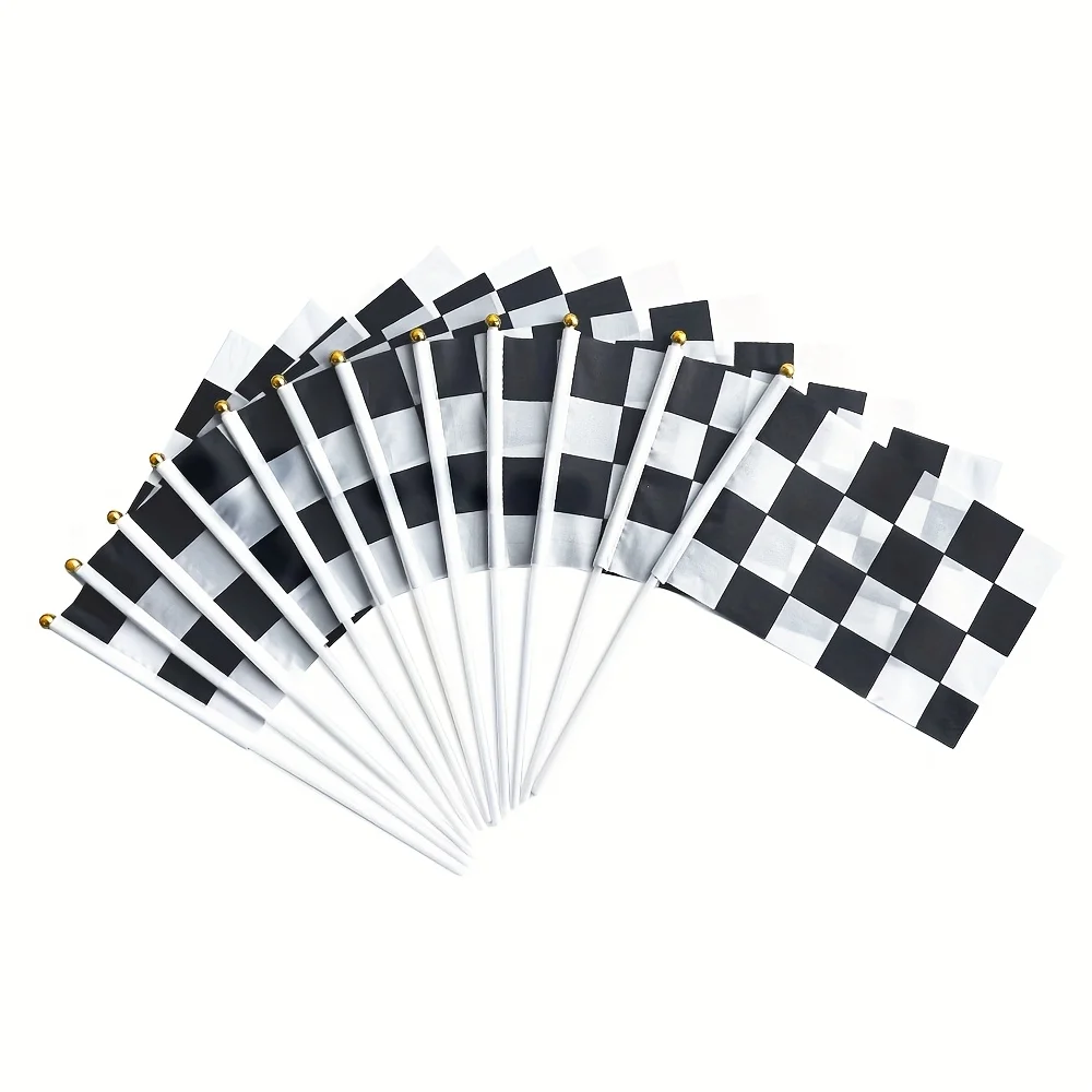 12-Pack Checkered Black and White Racing Flag, Polyester Race Car Waving Flags, 5 x 8 Inch with Plastic Pole (14 x 21cm)