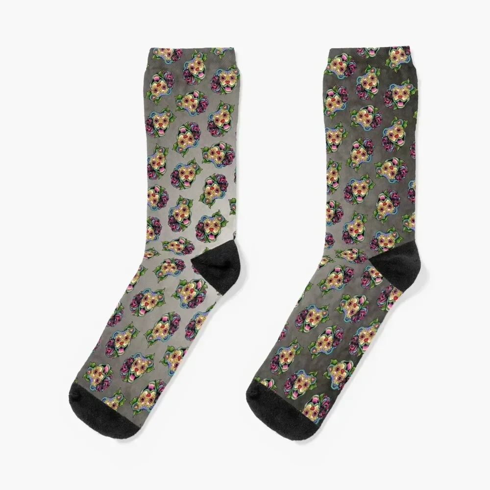 

Smiling Pit Bull in Fawn - Day of the Dead Happy Pitbull - Sugar Skull Dog Socks heated with print cool Boy Socks Women's