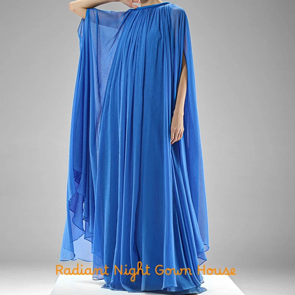 Durchsichtiges blaues Chiffon-Abendkleid mit langen Ärmeln, maßgeschneiderte Kleider für besondere Anlässe, zarte Ballkleider mit O-Ausschnitt