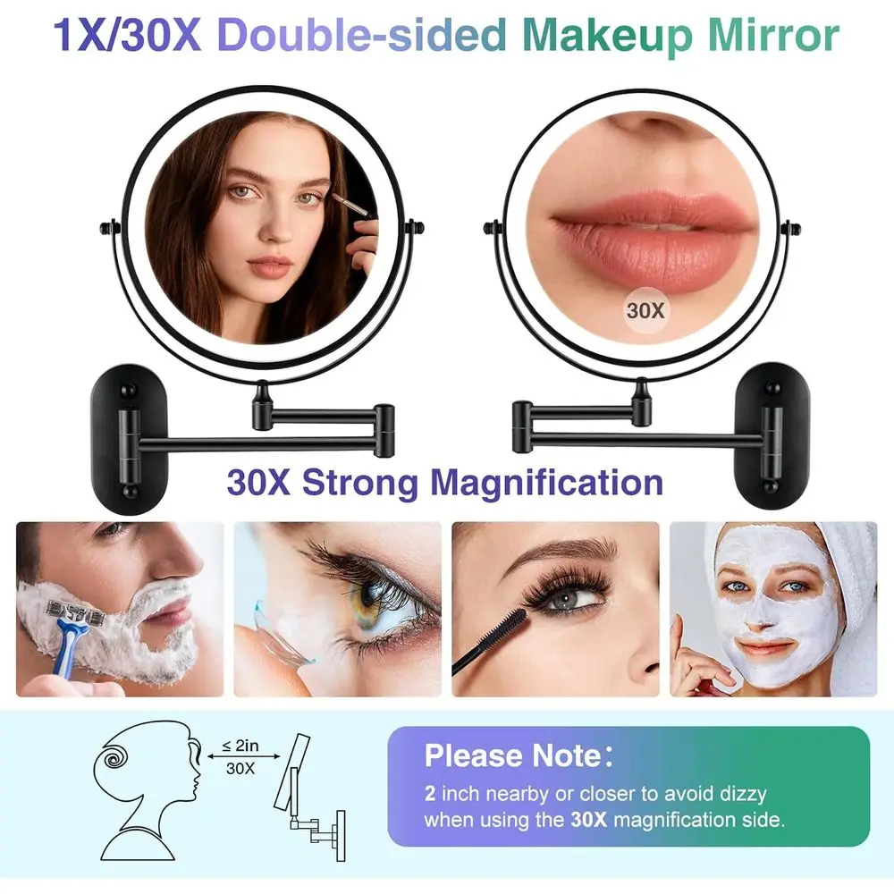Miroir de maquillage éclairé par LED double face 8.5, grossissement 30X/1X, miroir de vanité de salle de bain noir
