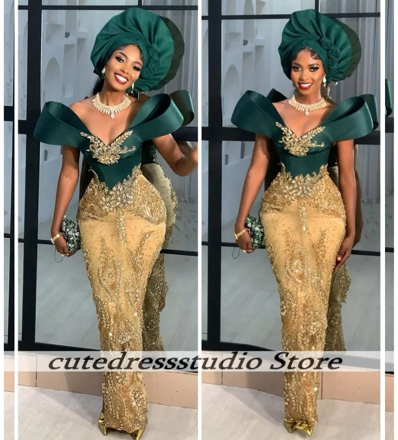 فساتين سهرة حورية البحر باللونين الأخضر والأصفر للفتيات الأفريقيات 2025 فساتين حفلات رائعة مزينة بالترتر والكريستال للسيدات فاخرة حسب الطلب