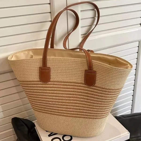 

Women's Straw Woven Tote Bag With Hand New Beach Seaside Outdoor Travel Vacation Large Capacity Shoulder Bag Basket Handbag
