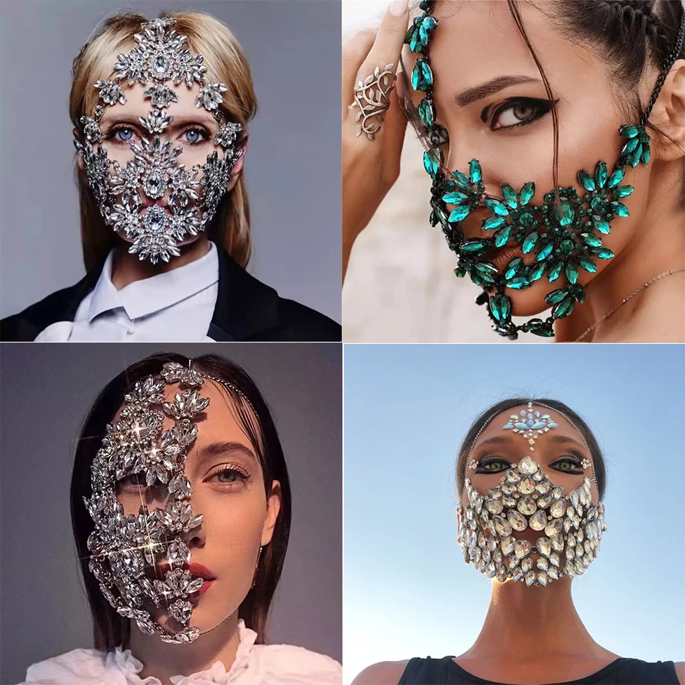 Trendy Hyperbole Rhinestone Masquerade Mask Decoration Cover Face Eyes Mask Jewelry for Women Prom Show Party Crystal Accessorie