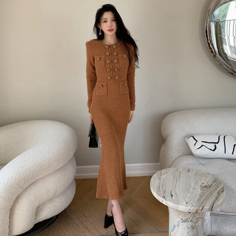 Quality Runway Autumn Winter Beading Diamonds Knitting Sweater Dress Women Long Sleeve Sheath Pencil Prom Evening Dresses Party