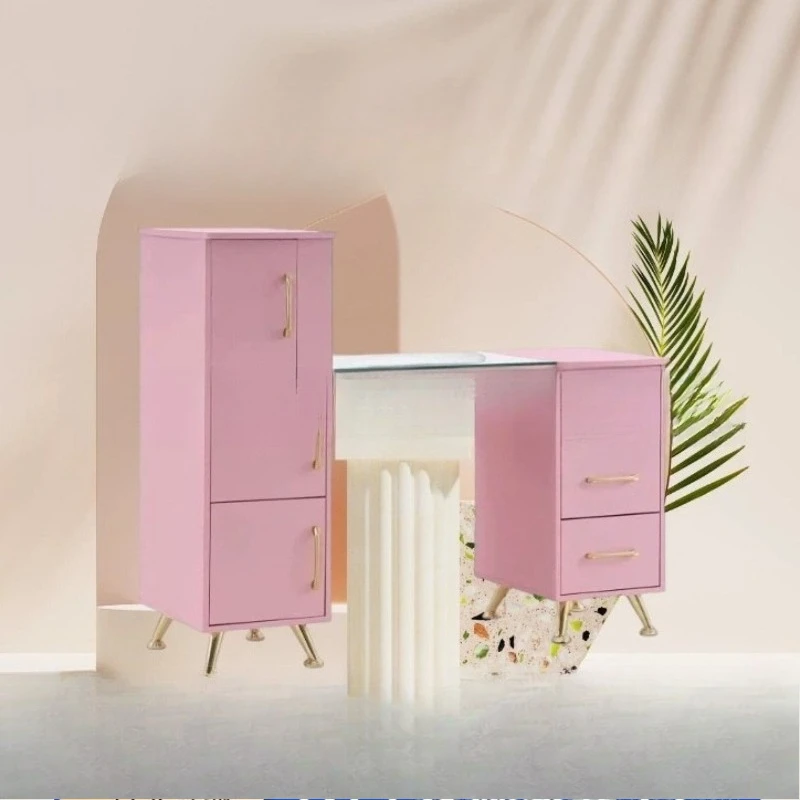 Fashion light luxury manicure table Double pink professional manicure table with large storage space of drawers