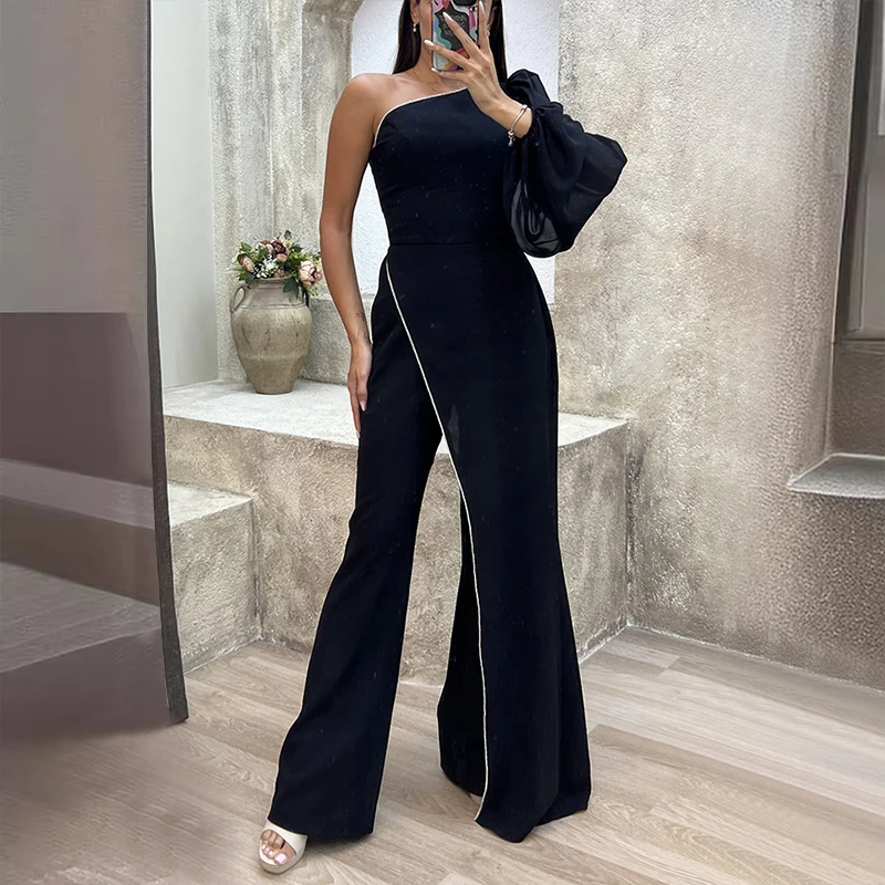 

OMSJ Ladies Cocktail Party Commute One-piece Jumpsuit One Shoulder Pleated High-waisted Asymmetric Design Fashion Romper Overall