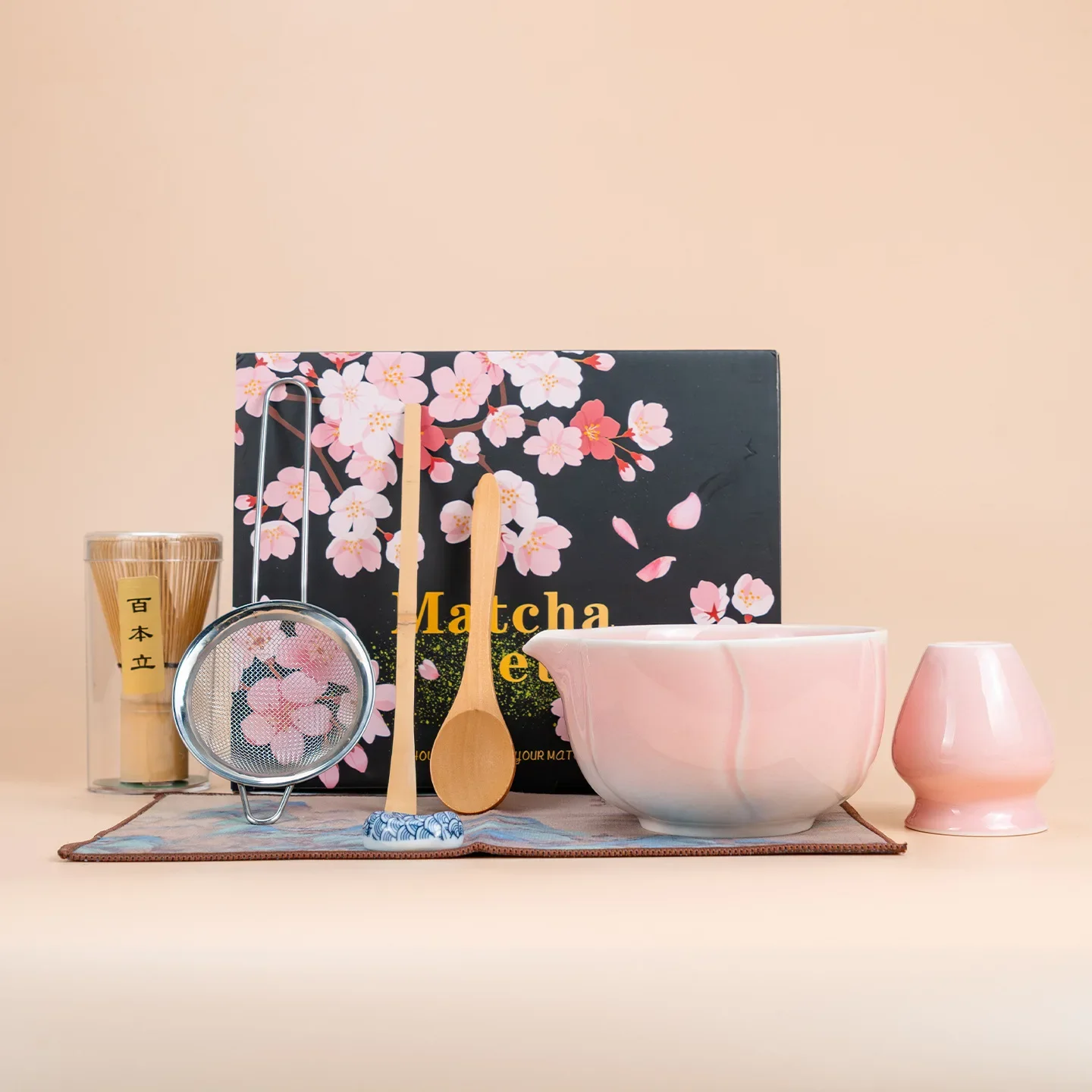 8PCS NEW Japanese Matcha Bowl Set with Spout, Including 100-point Bamboo Whisk, Gold-glazed Kiln-transformed Tea Scoop Set