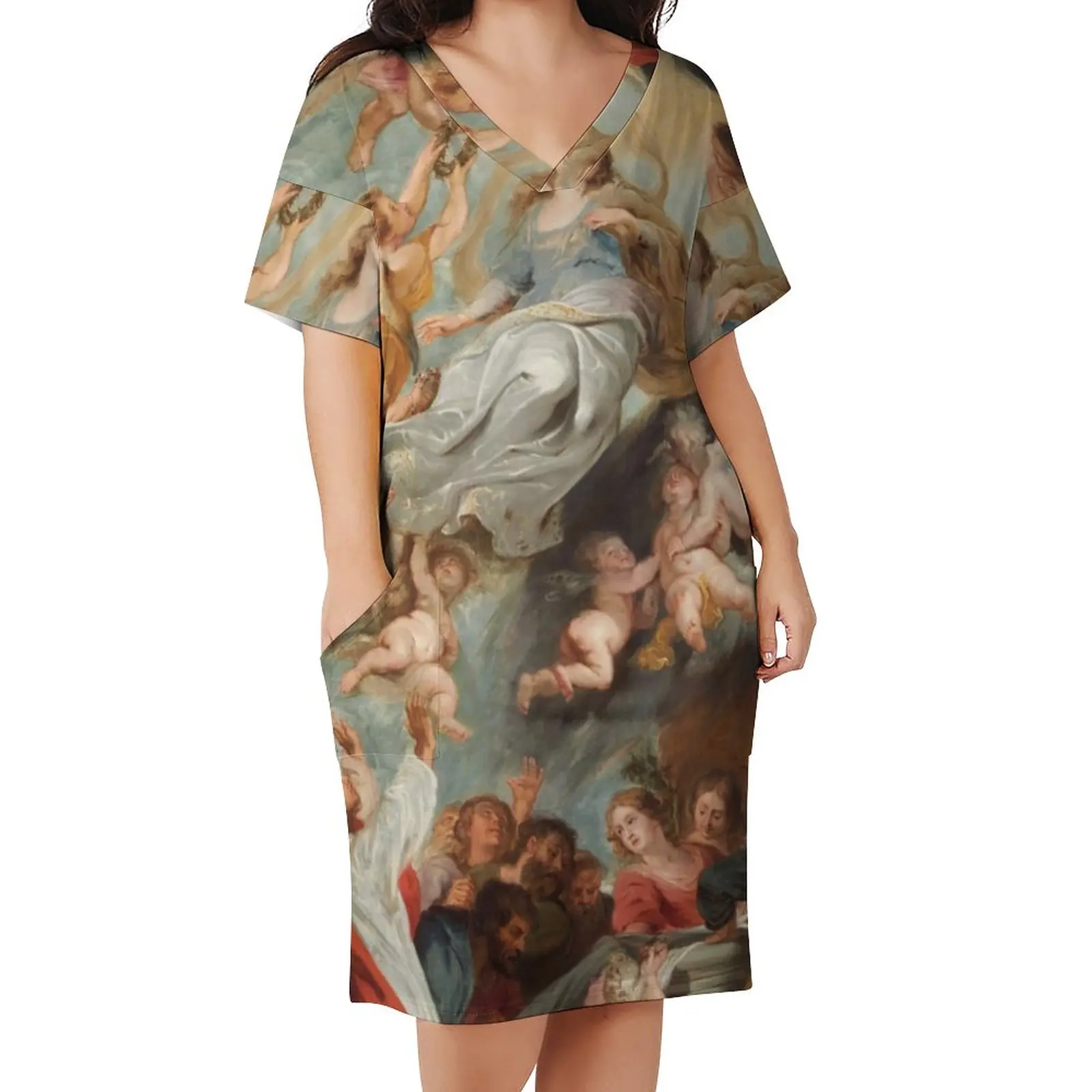 Virgin Mary Jurk V-hals De Aanname Van De Maagd Pretty Jurken Esthetische Grafische Casual Jurk Met Zakken Plus Size 4XL