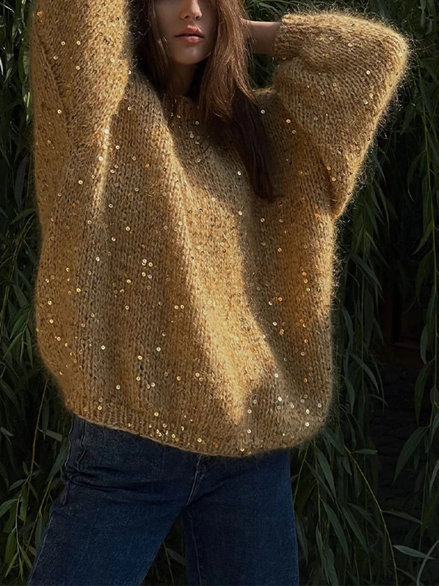 Sequin Decor Sweater Women Autumn New O Neck Lantern Sleeve Loose Casual Sweaters 2024 Vintage Fashion Knitted Pullovers Tops