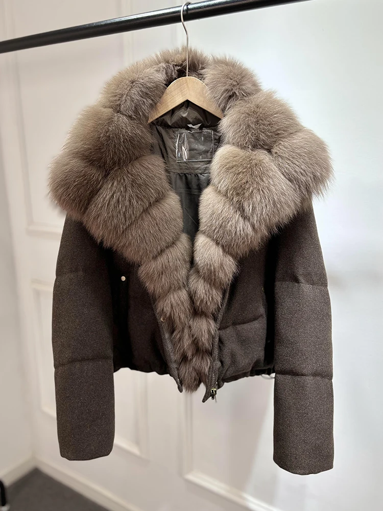Janveny Luxury Winter 90% White Duck Down Wool Blends Jacket Women 2025 New Real Natural Fox Fur Thick Warm Puffer Down Coat